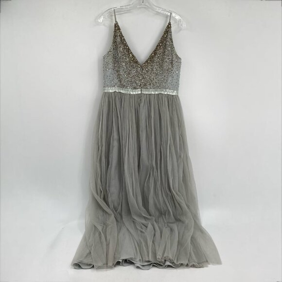 BHLDN Gray Gold Beaded Tulle Maxi Dress | Size 14 - Picture 2 of 12